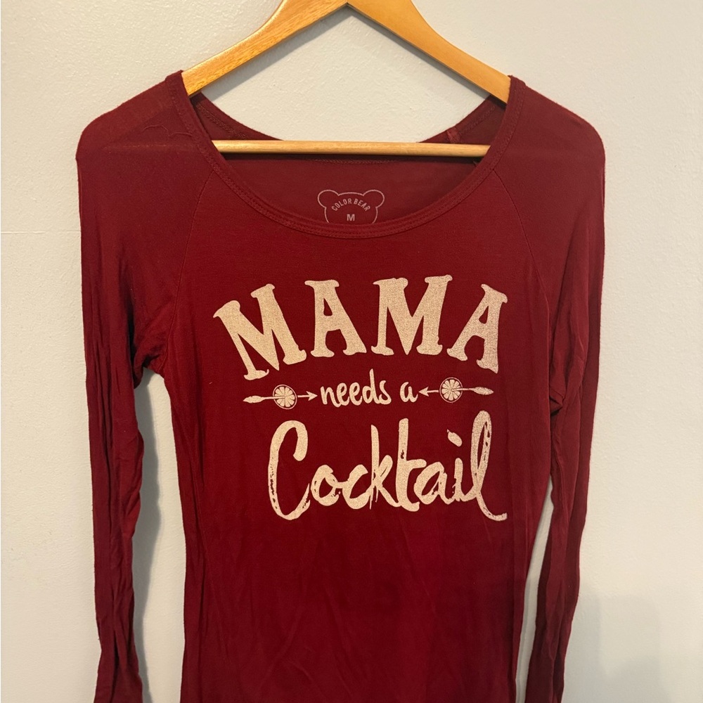 "MAMA Needs a Cocktail" Long Sleeve Graphic Tee - Burgundy, M